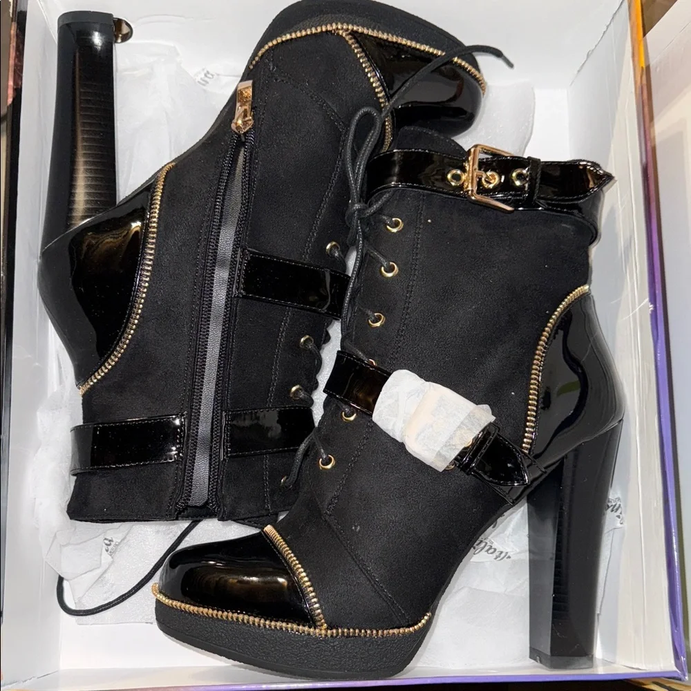 Italina Black and Gold Heeled Boots - Picture 1 of 4
